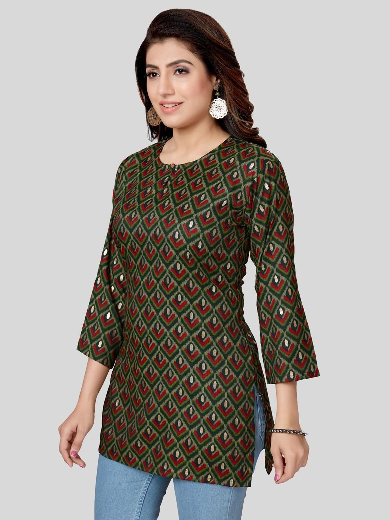 Saree Swarg Green & Red Printed Straight Kurti