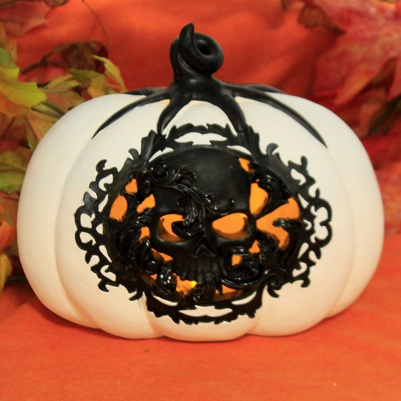 Halloween 7.5" White/Black Pumpkin Led Lighted Skull  -  Decorative Figurines