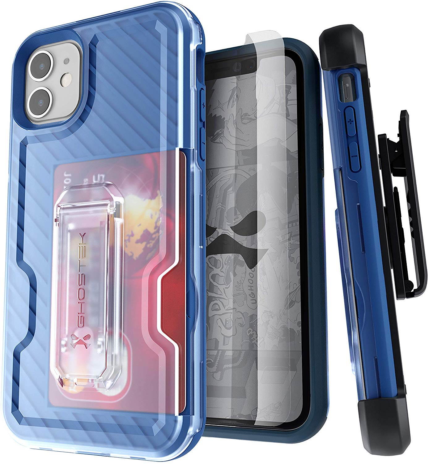 Ghostek Iron Armor Belt Clip iPhone 11 Holster Case with Kickstand and Card Holder Slot Slim Shockproof Design Heavy Duty Protection Wireless Charging Compatible 2019 iPhone 11 (6.1 Inch) - (Blue)