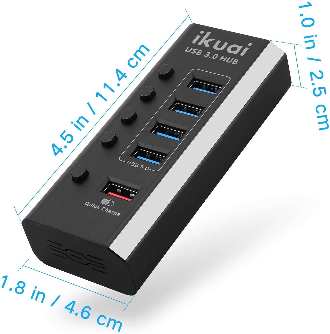 Powered USB Hub ikuai 5 Port USB Hub 3.0 Splitter with 4 Port USB Hub +1 USB Fast Charging Port USB Extender Hub with 24W (12V/2A) Power Adapter and Individual On/Off Switches