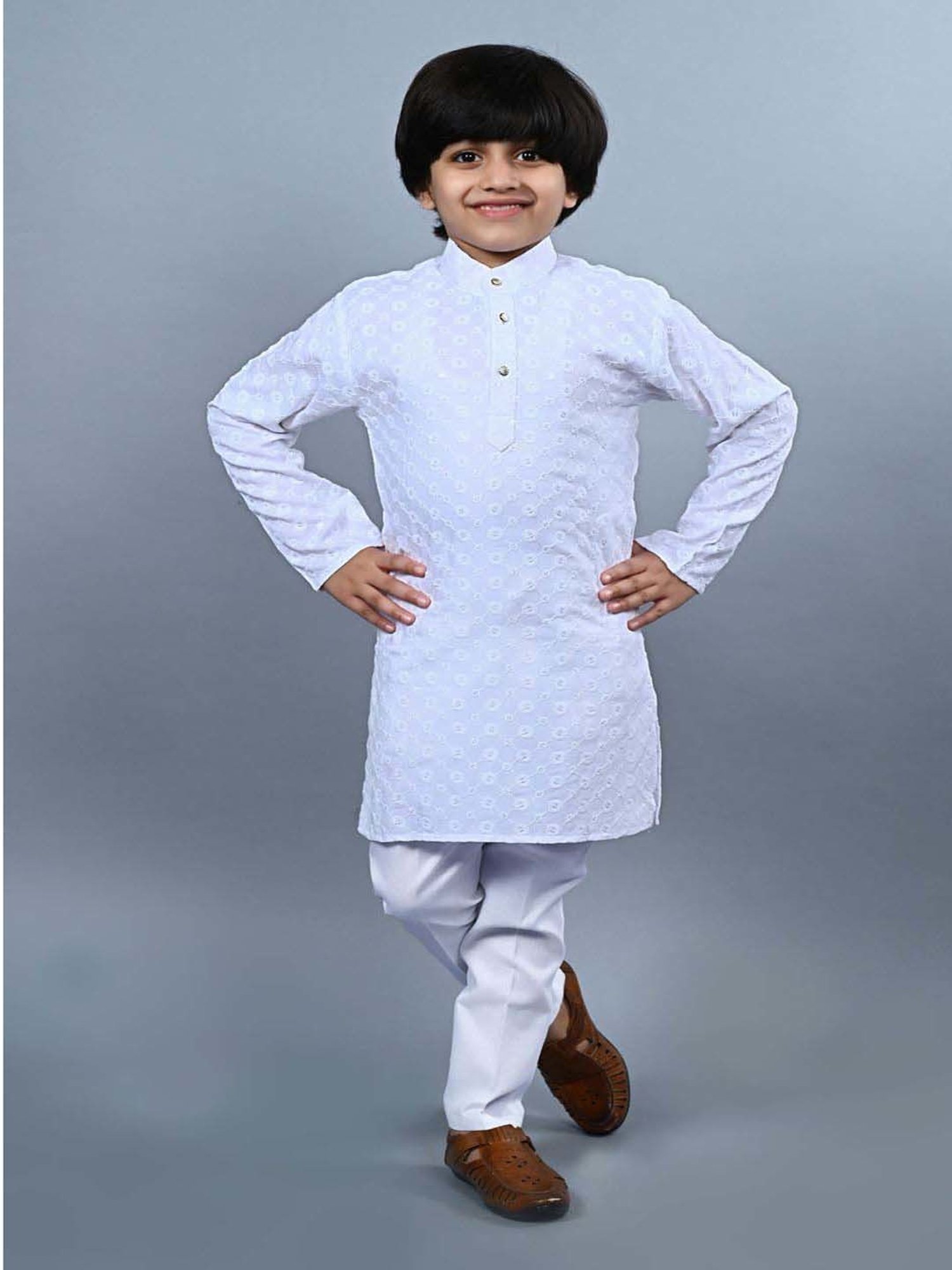 Ahhaaaa Kids Blue & White Cotton Embroidered Full Sleeves Kurta Set