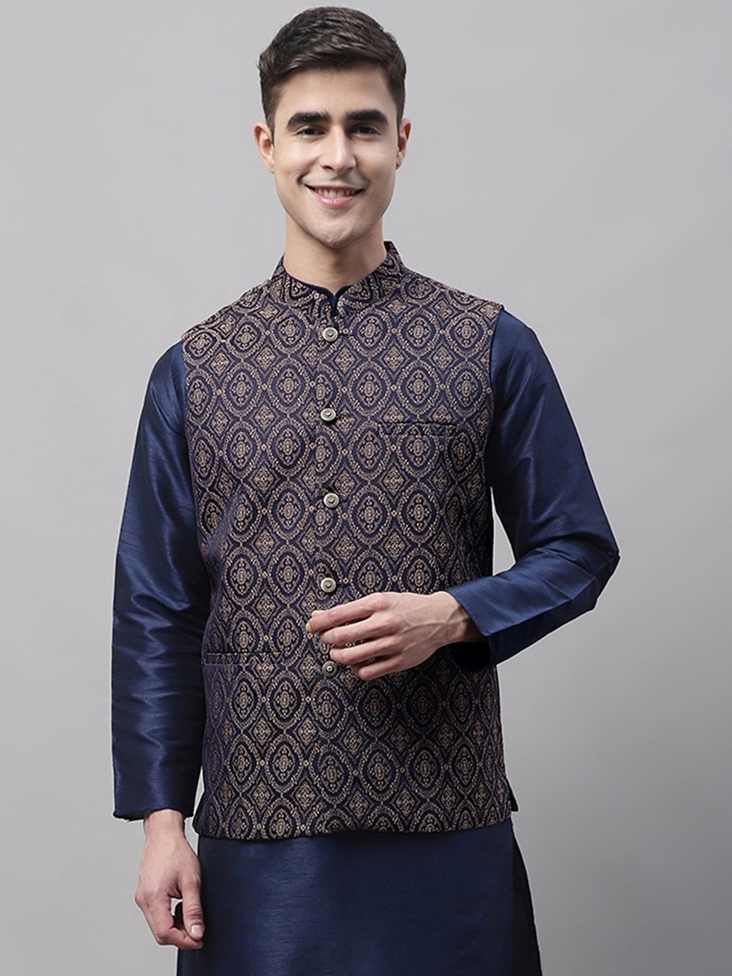 Jompers Navy Regular Fit Embroidered Nehru Jackets