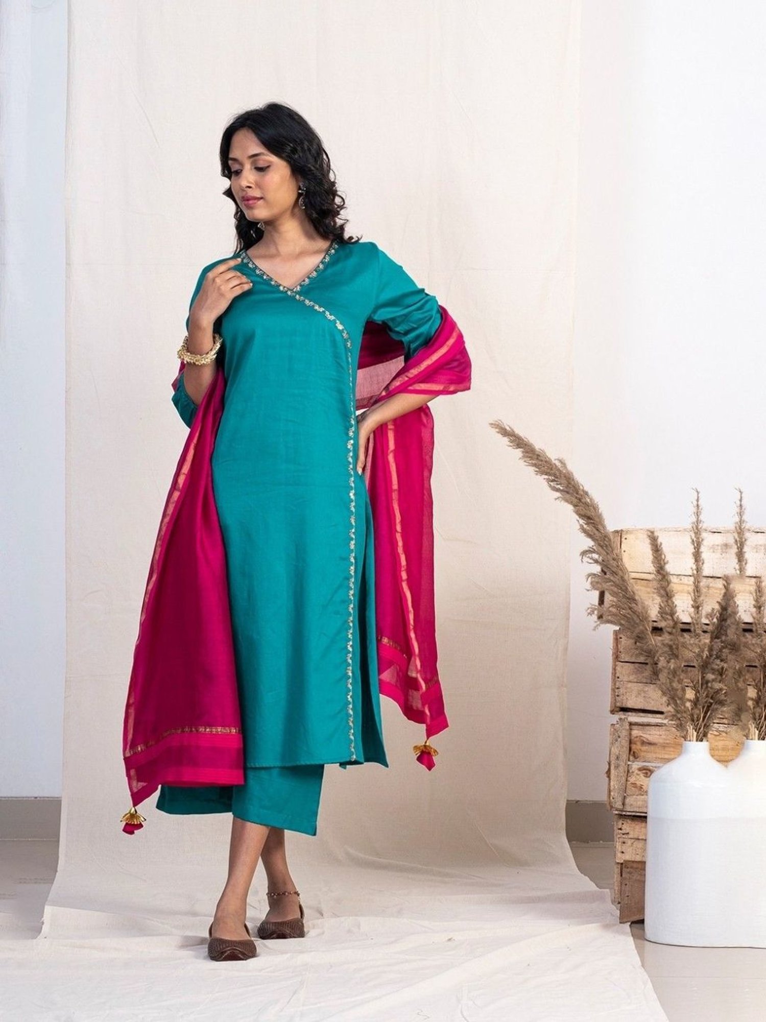 Akiso Jashn Blue Angrakha Embroidery Kurta Set With Plazzo And Pink Dupatta