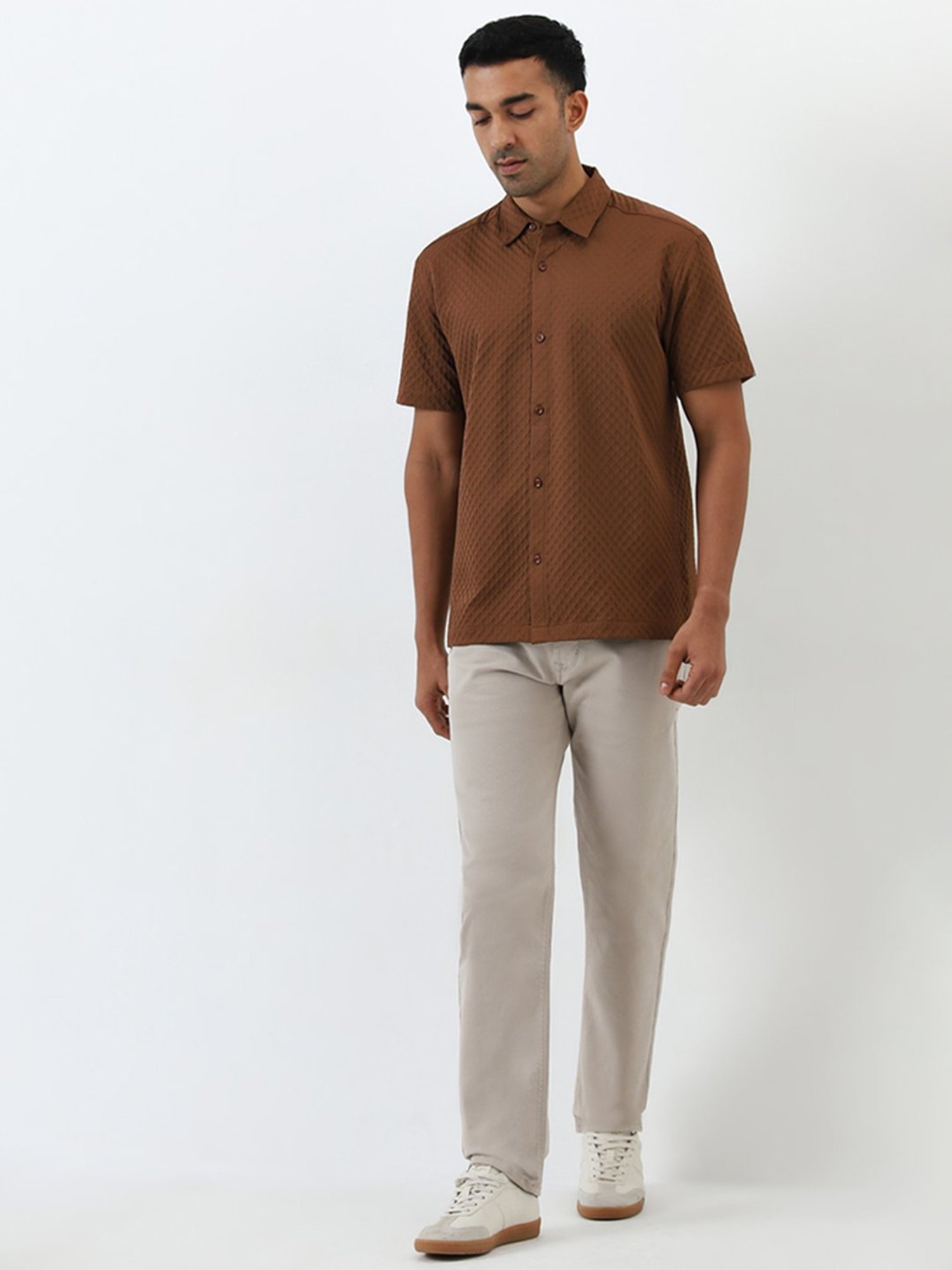 Ascot by Westside Tan Geometric Pattern Relaxed-Fit Shirt