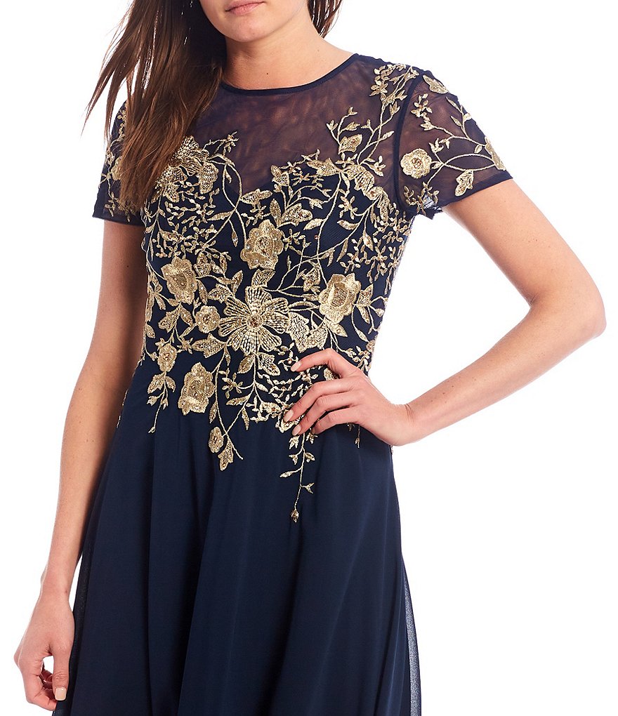Betsy & Adam Illusion Neck Floral Embroidered Chiffon Gown