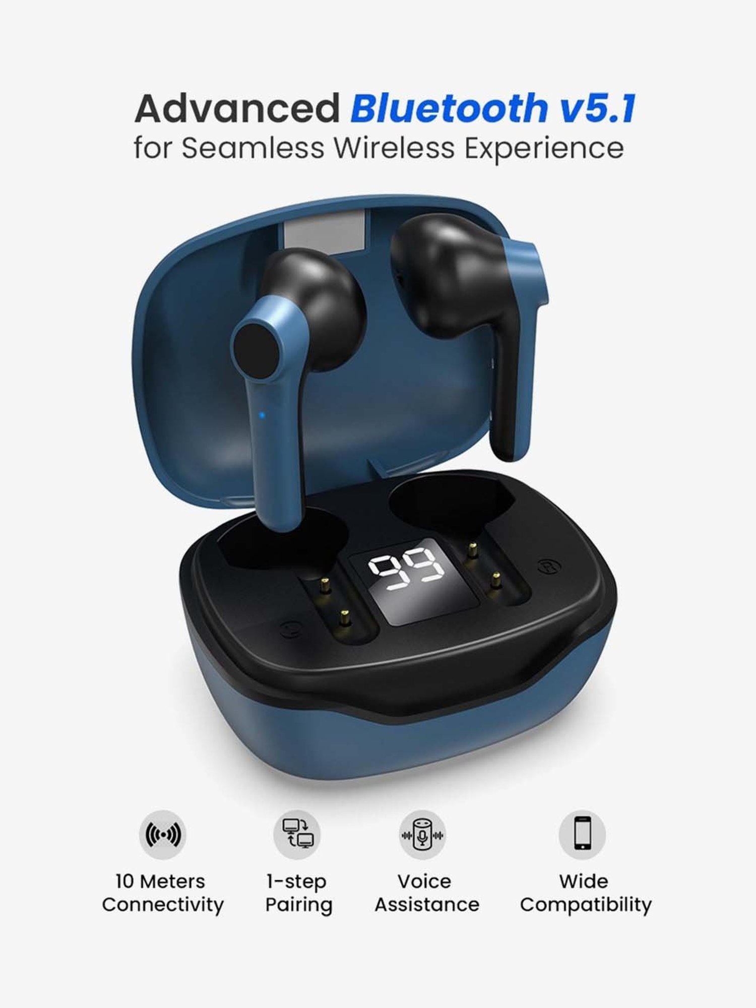 PTron Basspods 281 True Wireless Bluetooth Earbuds with Charging Case (Blue and Black)