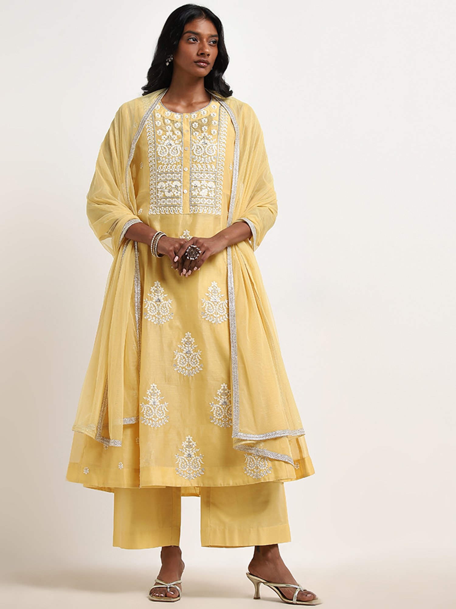 Vark by Westside Yellow Embroidered Kurta, Inner, Pants & Dupatta Set