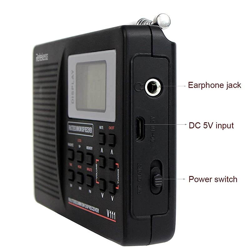 V111 Portable AM FM Shortwave Radio Alarm Clock Battery Operated AA Battery with Earphones Jack Sleep Timer for TravelBlack