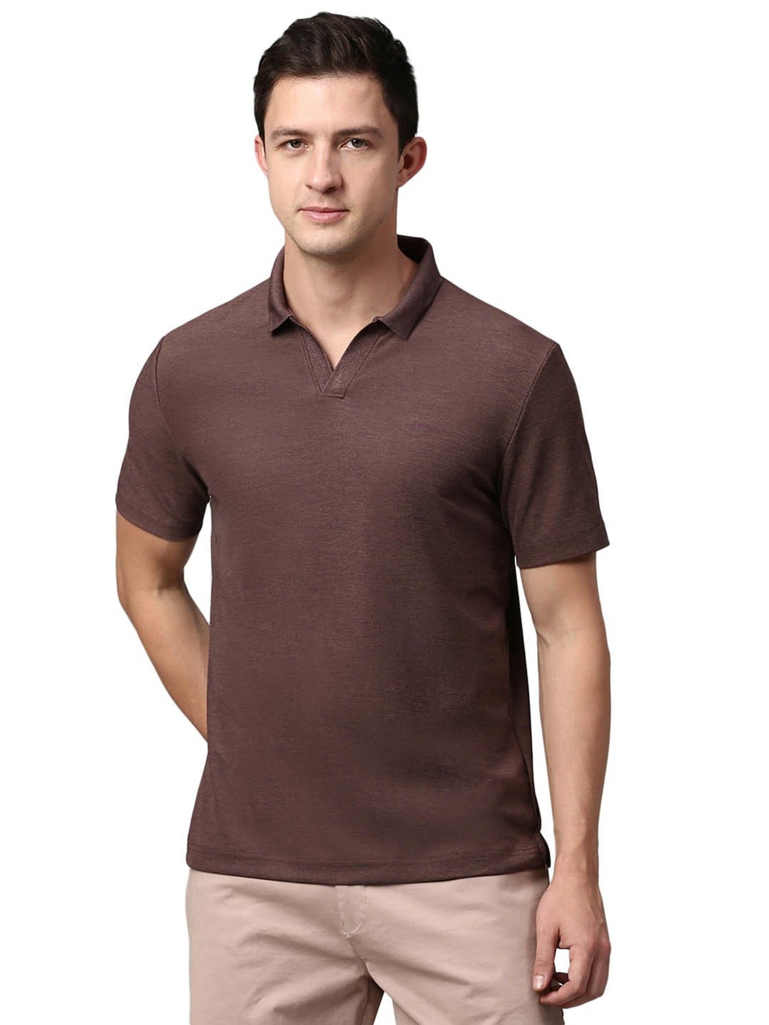 Slowave Brown Regular Fit Self Design Polo T-Shirt