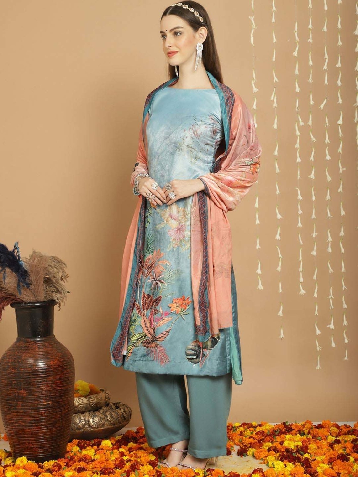 Stylee LIFESTYLE Sky Blue Printed Unstitched Dress Material