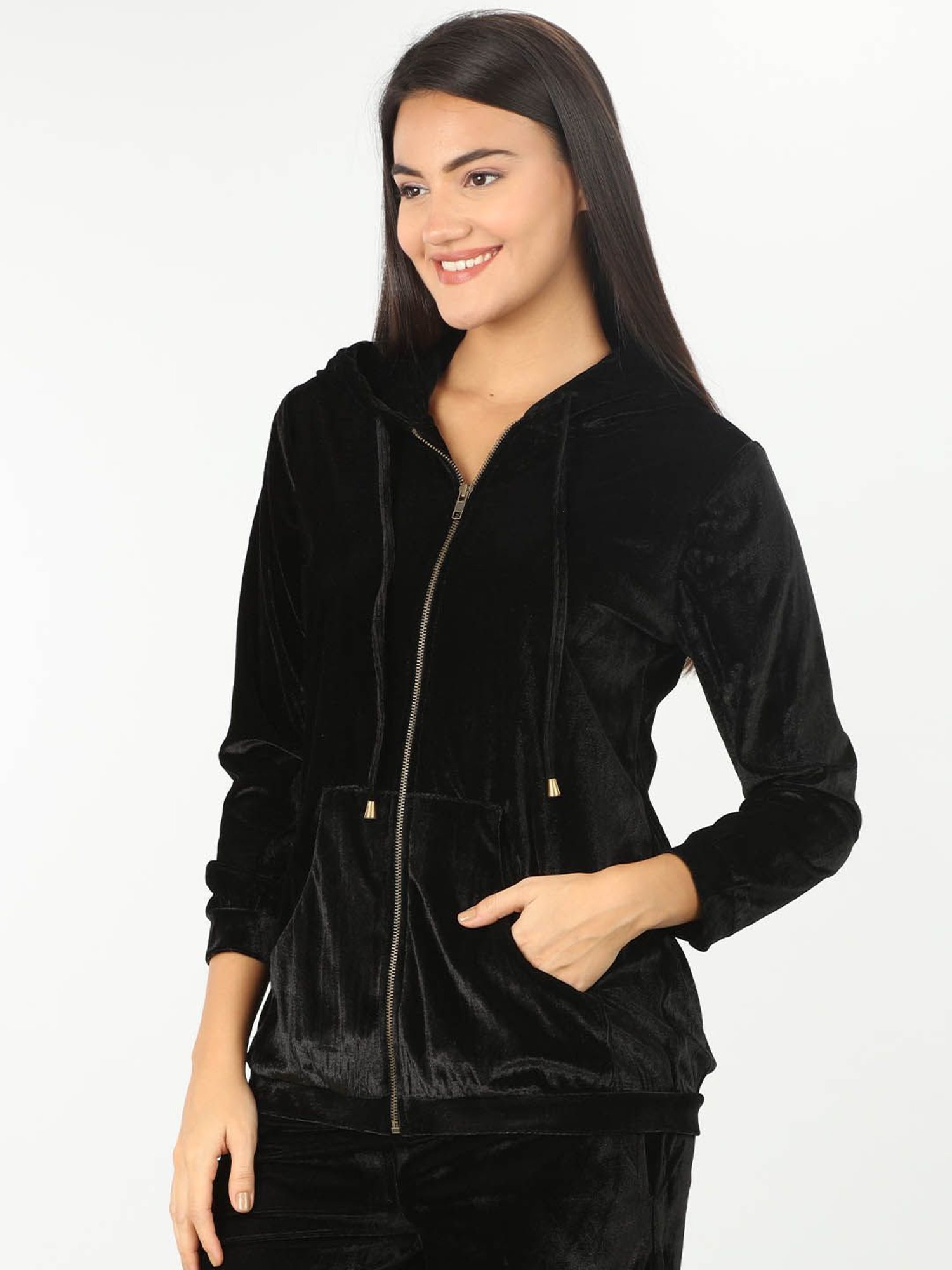 Mustard Black Velvet Regular Fit Hoodie