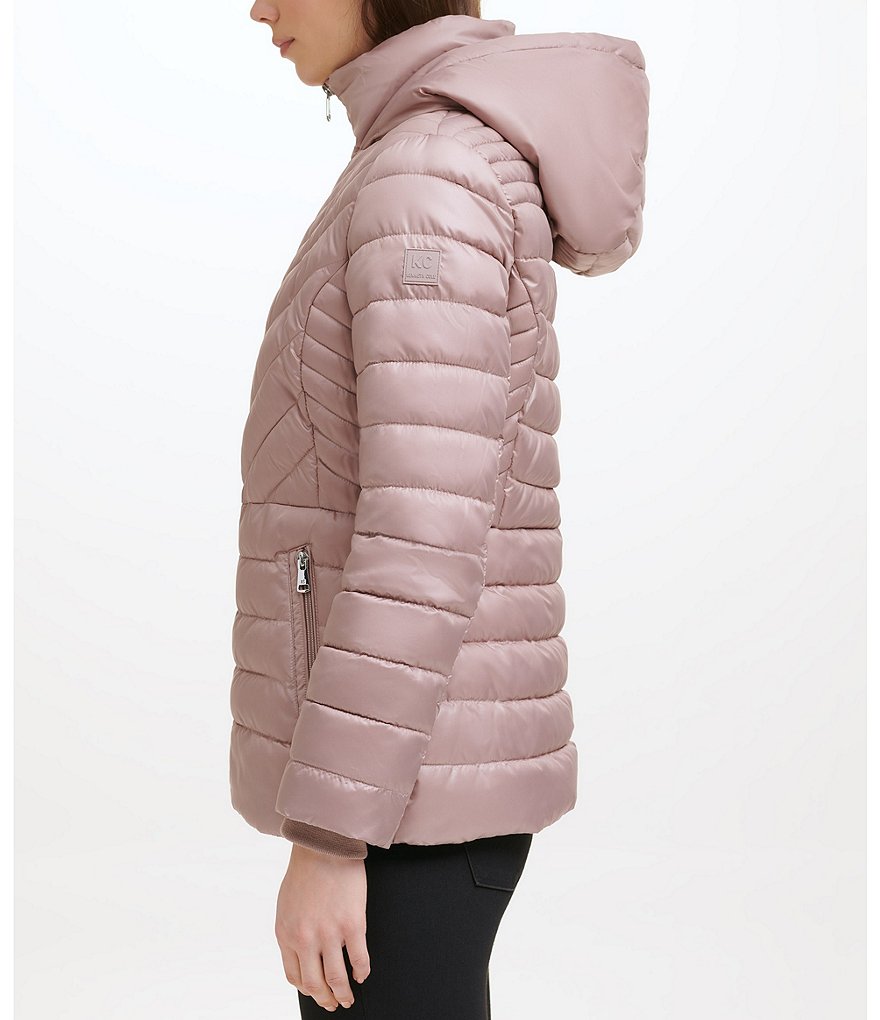 Kenneth Cole New York Short Water-Resistant Stand Collar Hooded Long Sleeve Chevron Puffer Jacket