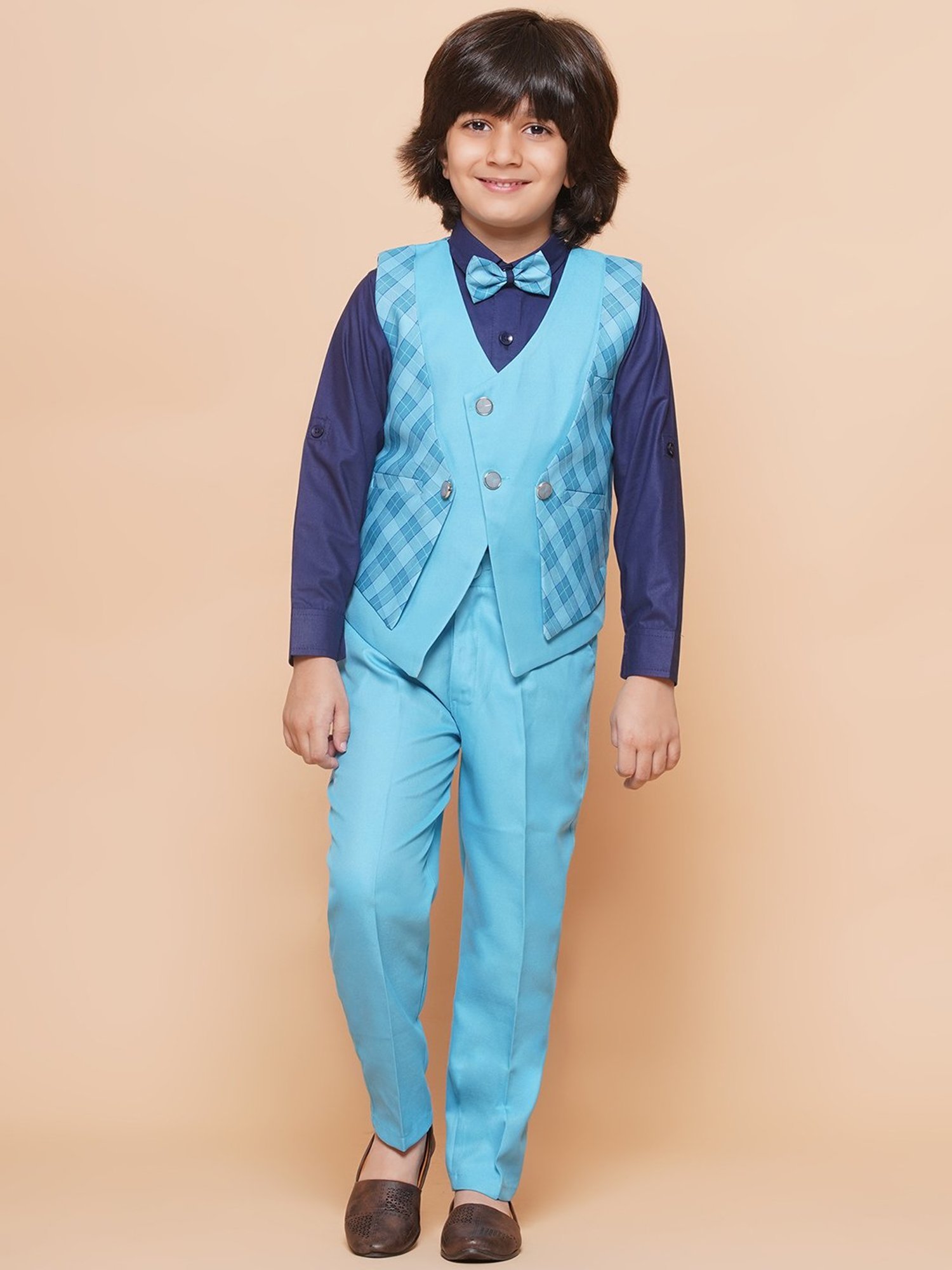 AJ Dezines Kids Sky Blue & Black Solid Full Sleeves Shirt, Pants, Coat, Waistcoat with Tie