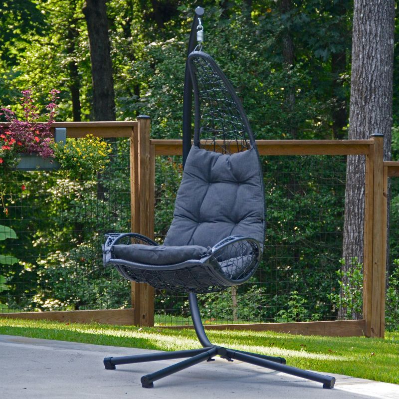 Cushioned Rattan Wicker Hanging Chair with Stand - Gray - Algoma