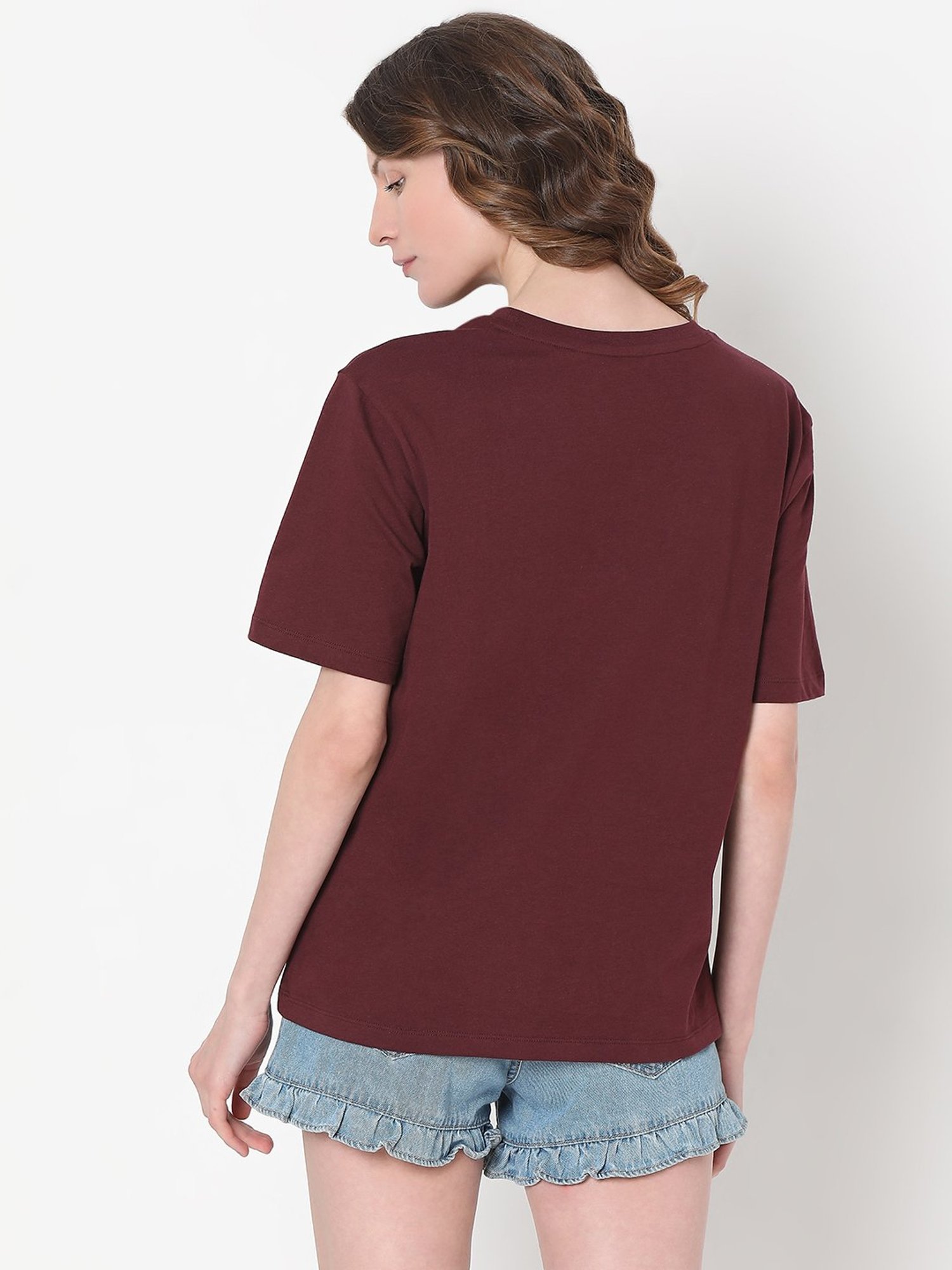 Vero Moda Maroon & White Cotton Floral Print T-Shirt