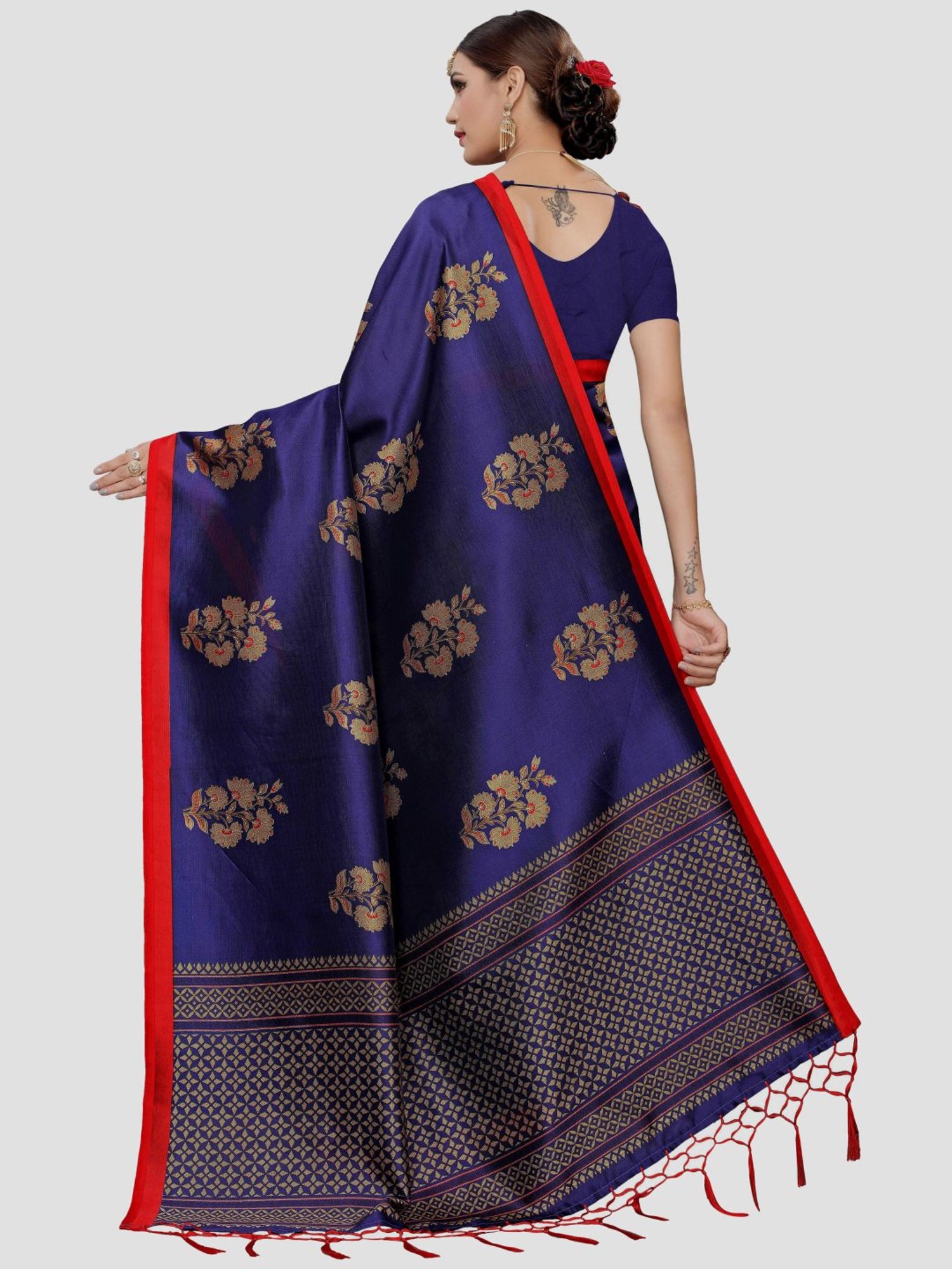 KSUT Ink Blue Printed Saree With Unstitched Blouse