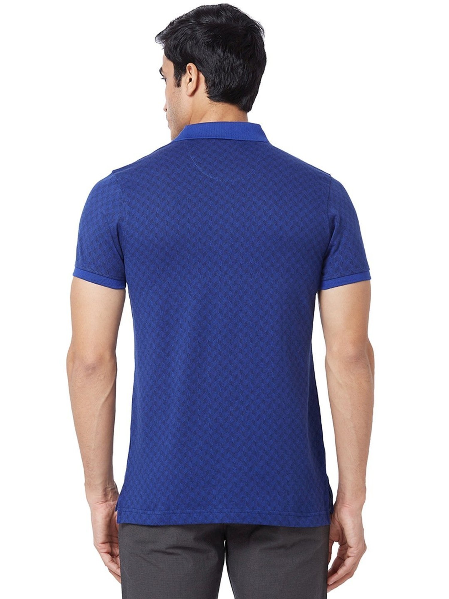 ColorPlus Blue Cotton Tailored Fit Checks Polo T-Shirt