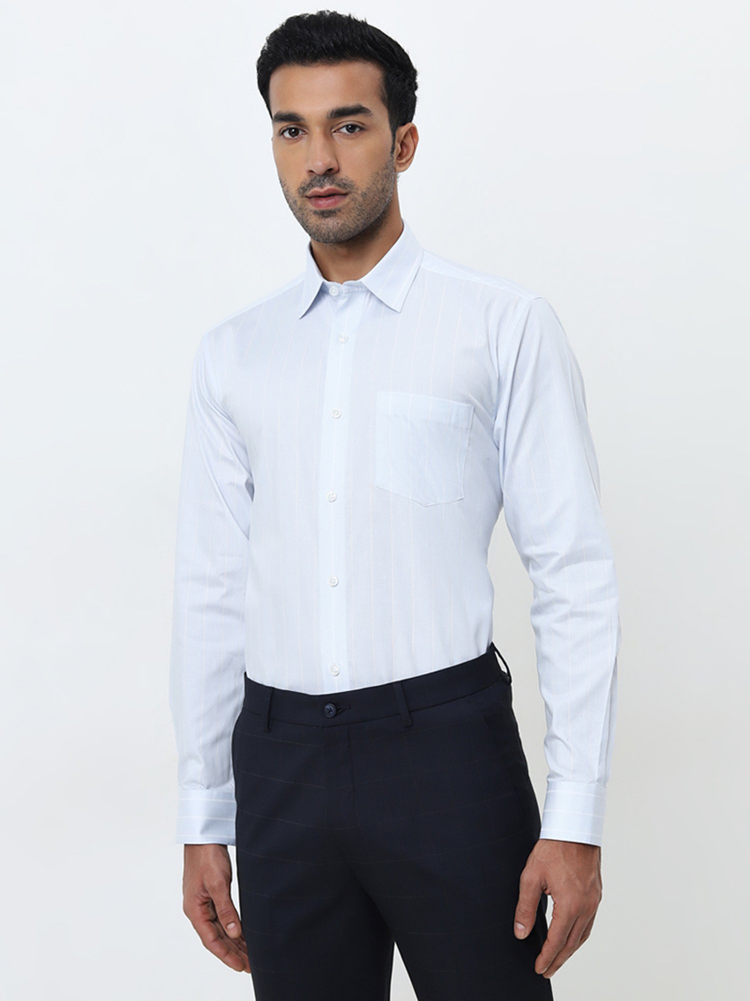 WES Formals by Westside Light Blue Striped Relaxed-Fit Cotton Shirt