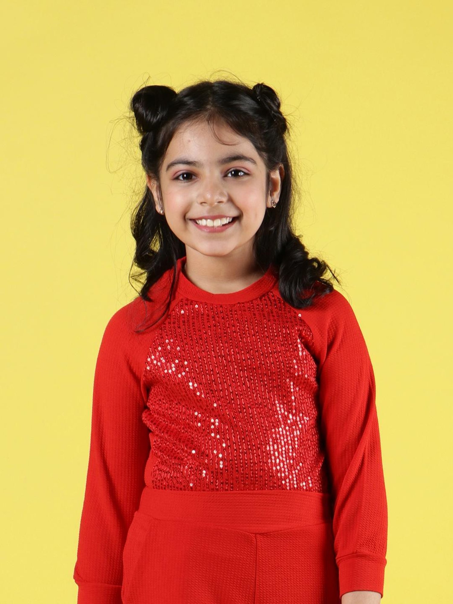 NEUDIS Kids Red Embellished Full Sleeves Top with Skirt