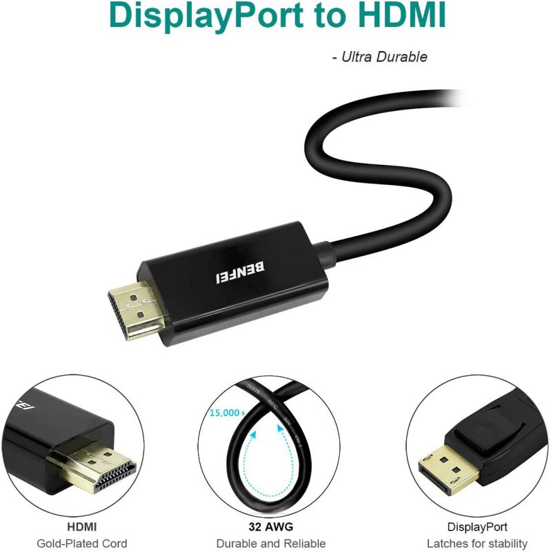 BENFEI DisplayPort to HDMI MALE cord 6 Feet Black Cable MALE to MALE for DisplayPort Enabled Computer and Laptops(Lenovo, Dell, HP, ASUS and other brand)