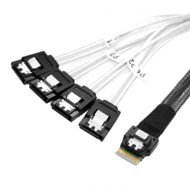 Jimier Slim Line SAS 4.0 SFF-8654 4i 38pin Host to 4 SATA 7pin Target Hard Disk Fanout Raid Cable 50cm SF-103-0.5M