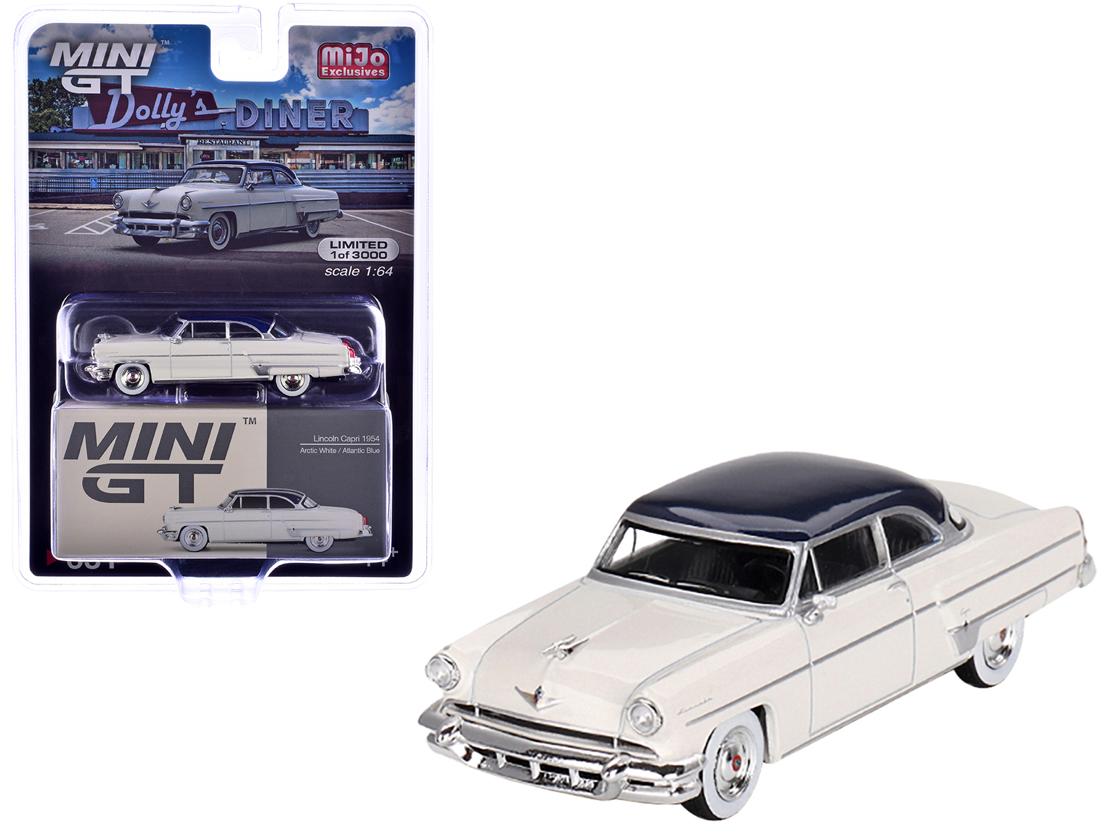 1954 Lincoln Capri "Christmas Hot Rod 2024 Edition by Tim Sadchikov" #24 Blue Metallic with Christmas Graphics and Lincoln Capri Tree Ornament Limited Edition to 9999 pieces Worldwide 1/64 Diecast Model Car by Mini GT