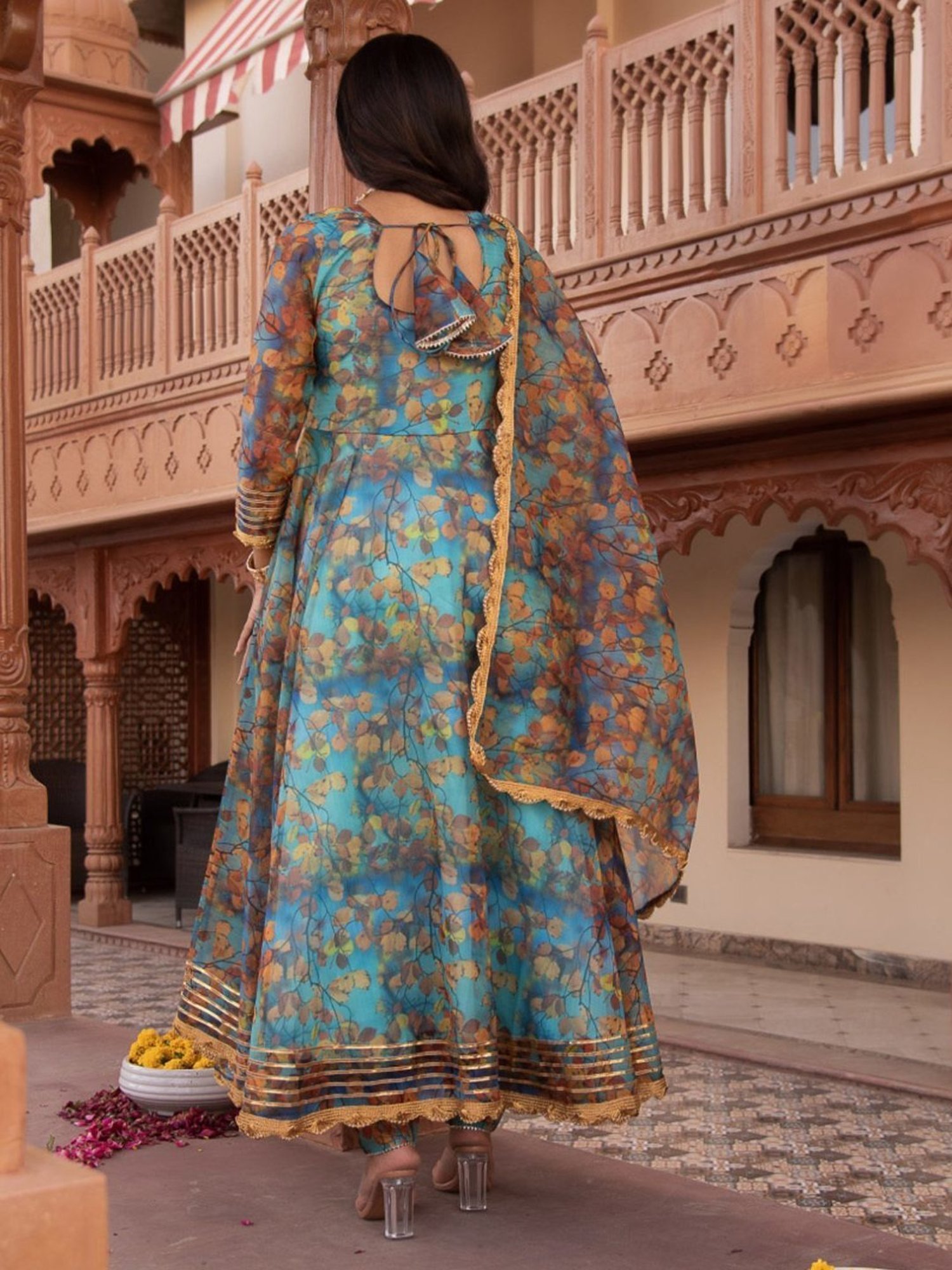 Calmna Fall Blue Organza Gotapatti Anarkali Suit Set