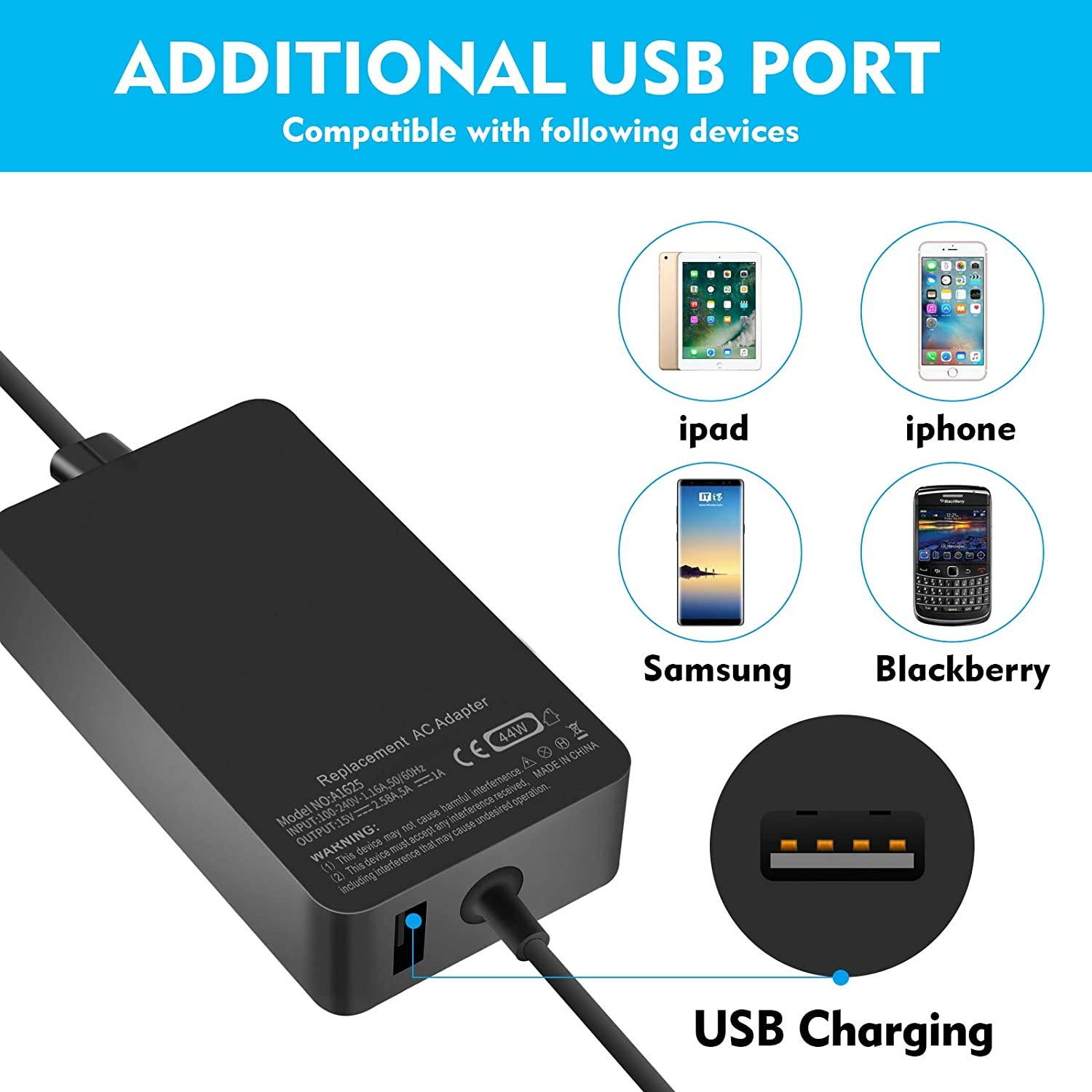Surface Pro Charger 44W, Microsoft Surface Power Adapter Charger for Surface Pro X/7/6/5/4, Surface Go 2/1, Microsoft Surface Book, Laptop & Tablet, Replacement AC Adapter 15V-2.58A with USB Port