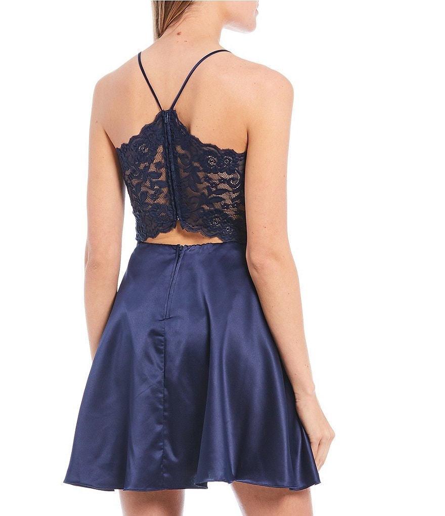 B. Darlin Satin Lace-Bra-Back Fit-and-Flare Dress