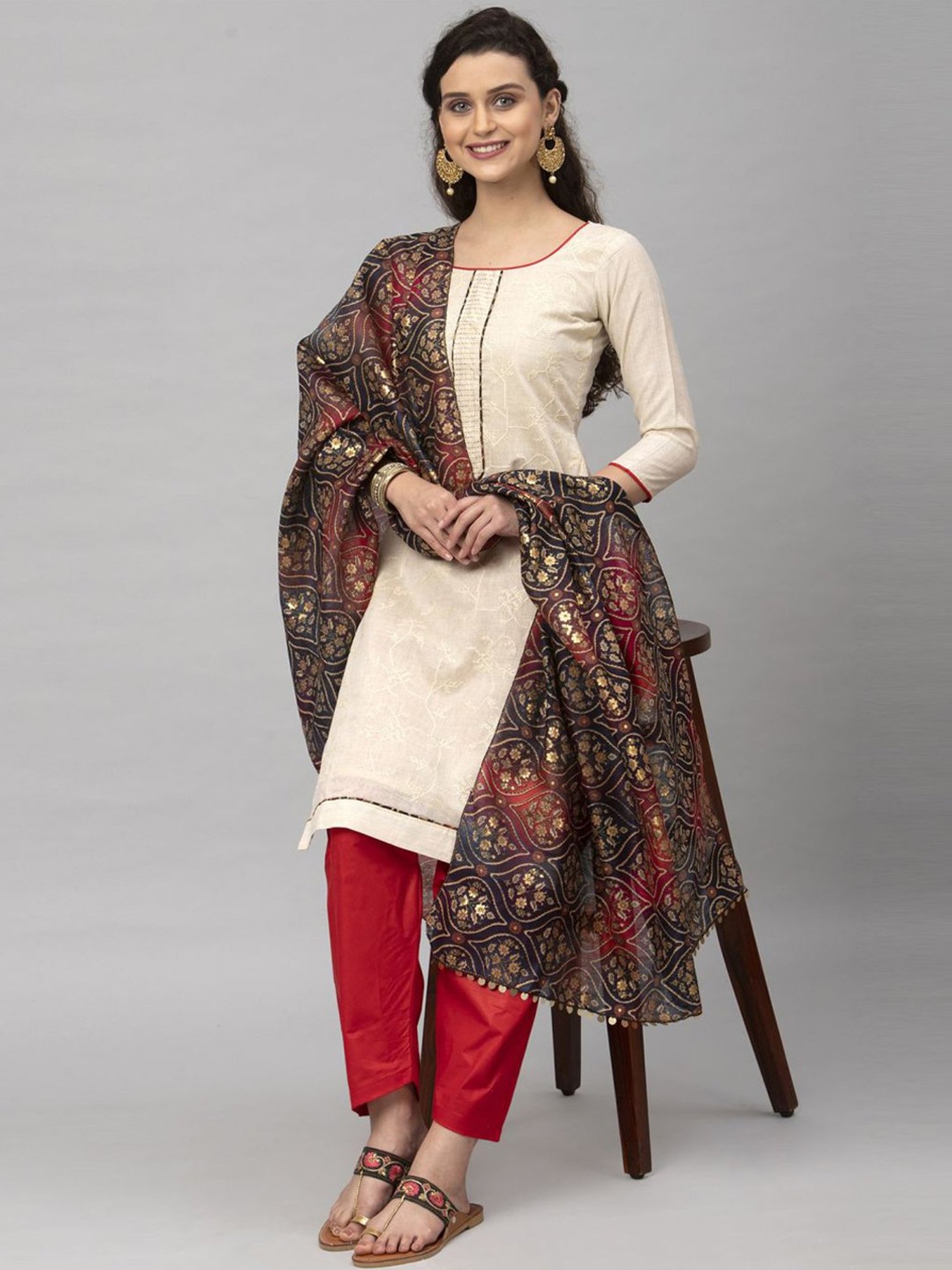Satrani Beige & Red Embroidered Unstitched Dress Material