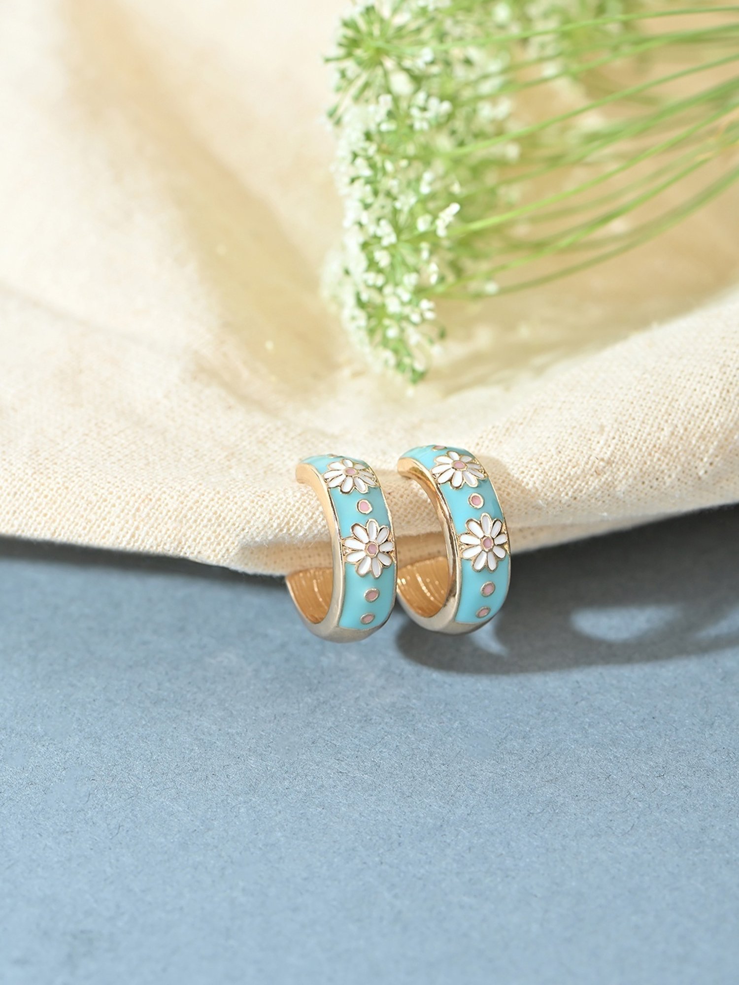 Toniq Turquoise Blue Gold-Plated Floral Enamel Hoop Earrings