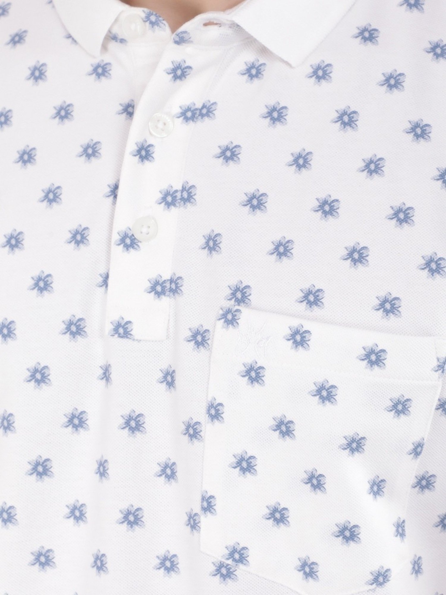 Crimsoune Club White Cotton Slim Fit Floral Print Polo T-Shirt