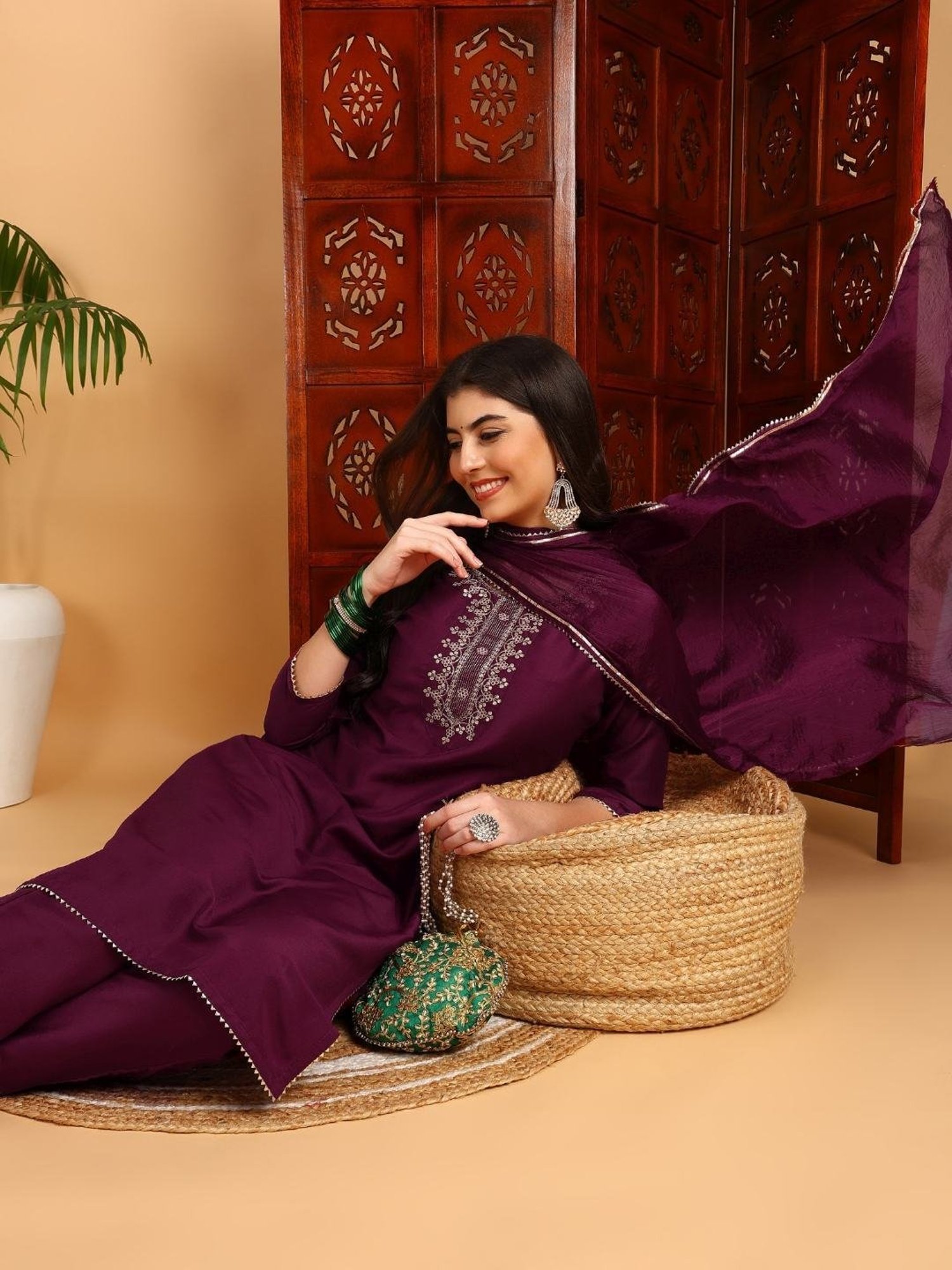 Vaamsi Burgundy Embroidered Kurta Pant Set With Dupatta