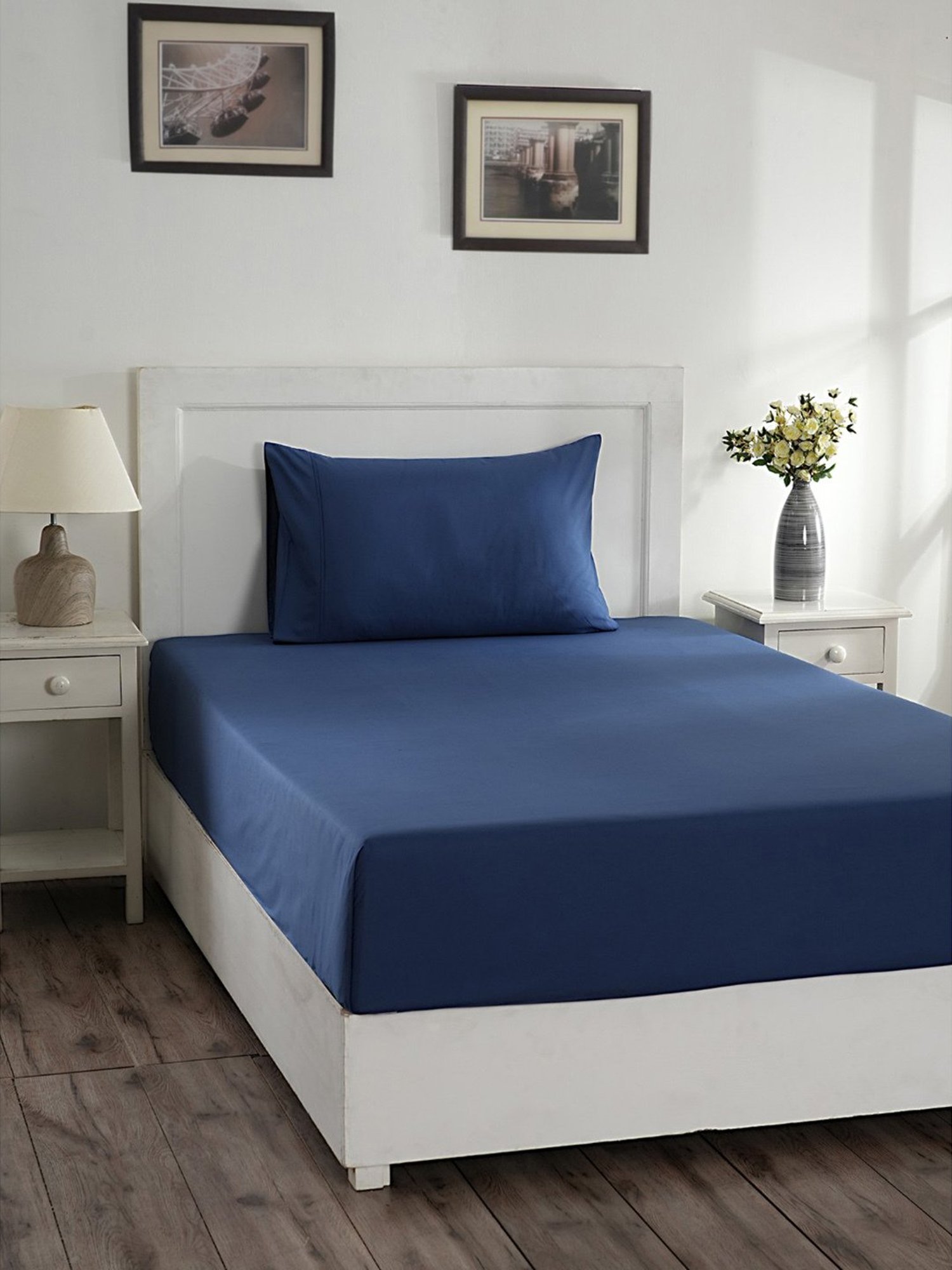 Maspar Colorart Eden Denim Blue 144 TC Cotton Single Bed Sheet With 1 Pillow Cover