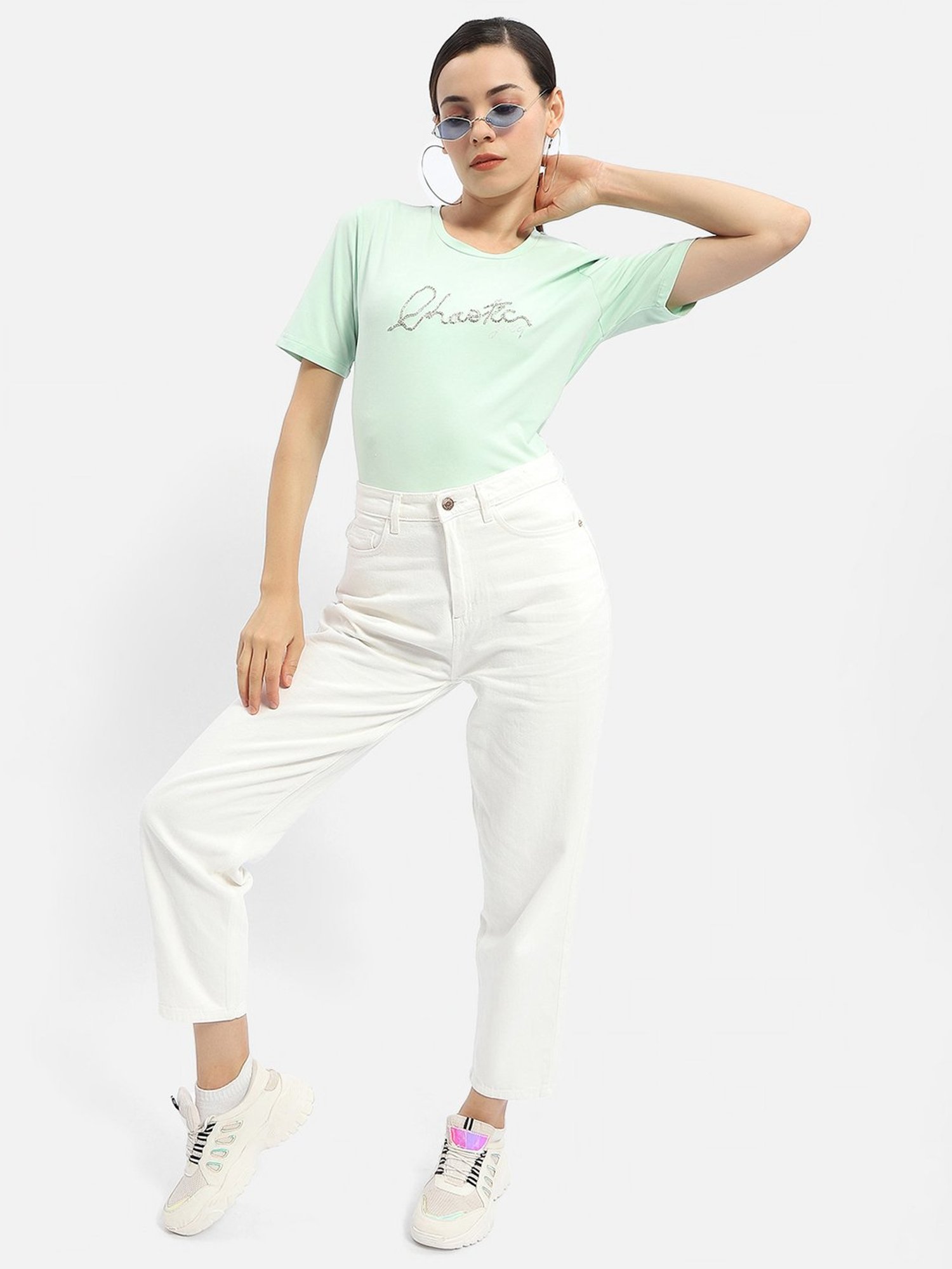 MADAME Mint Green Cotton Embellished T-Shirt