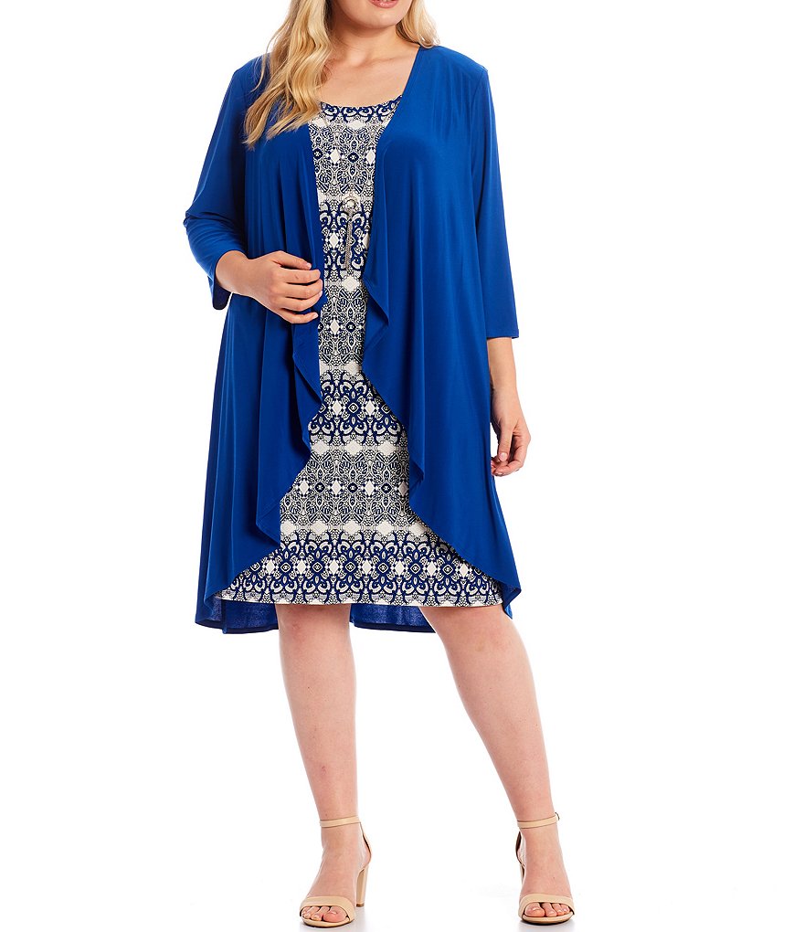Jessica Howard Plus Size Crew Neck 3/4 Sleeve Printed Trapeze Dress
