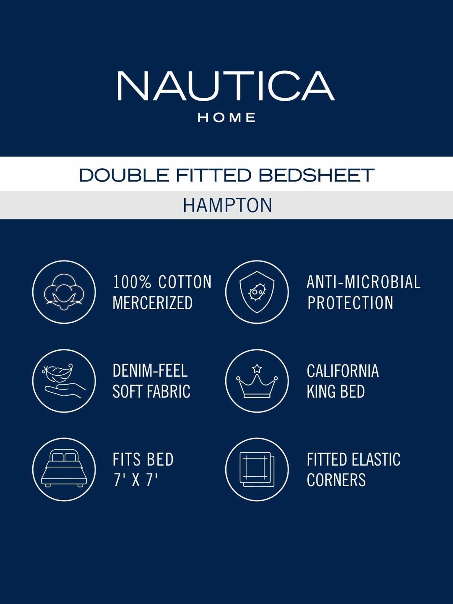 NAUTICA Hampton Blue Satin Cotton 210 TC King Fitted Bedsheet with 2 Pillow Cover
