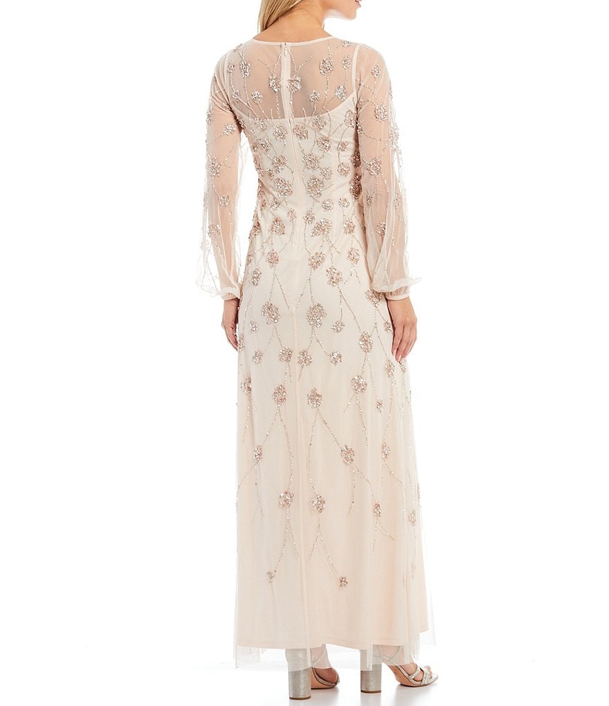 Adrianna Papell Beaded A-Line Long Sleeve Boat Neck Gown