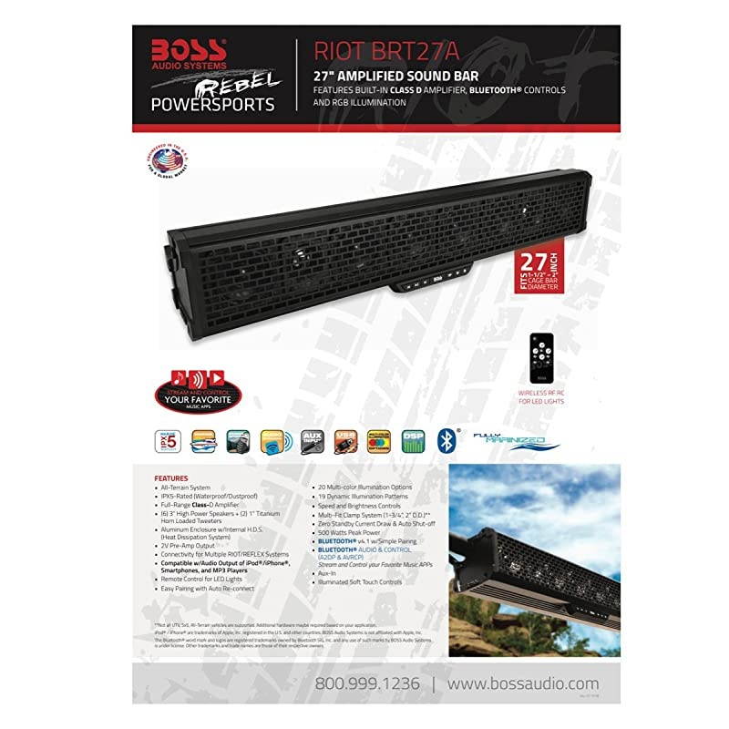 BRT26A UTV Sound Bar - 26 Inch Wide, IPX5 Rated Weatherproof, Bluetooth, Amplified, 4 Inch Speakers, Horn Loaded Tweeters, Easy Installation Dune Buggies, Jeeps, Rock Crawlers