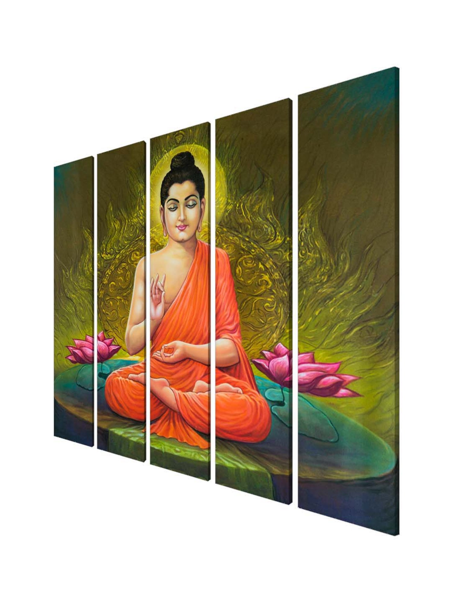 999Store Green & Orange Meditating Buddha Art 5 Frame MDF Paintings