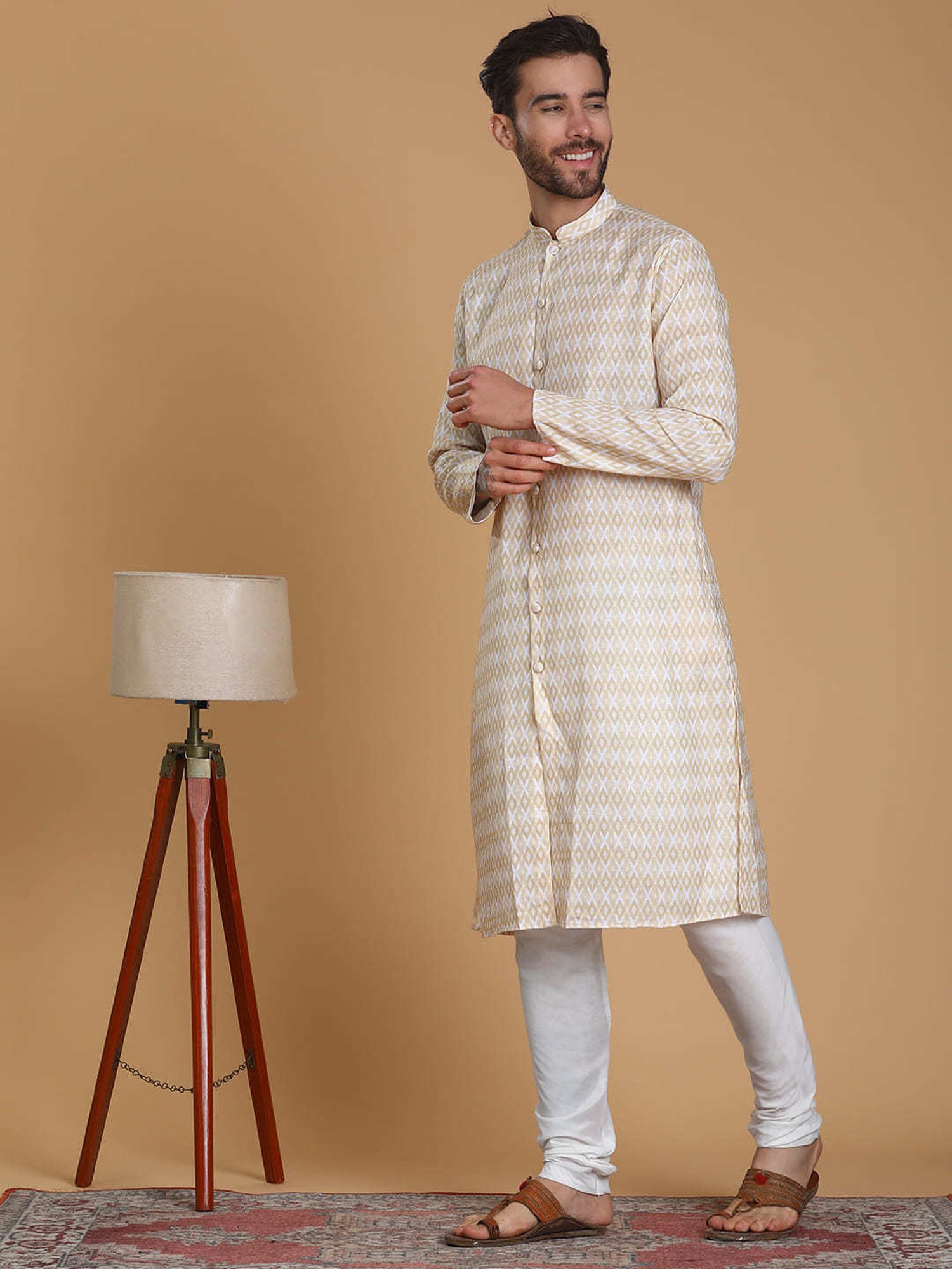 TABARD Beige Regular Fit Print Kurta with Churidar Set