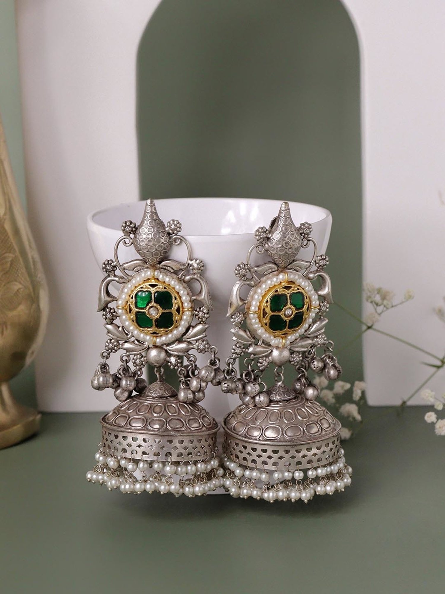 Curio Cottage Aria Dual Tone Vintage Green Jhumki Earrings