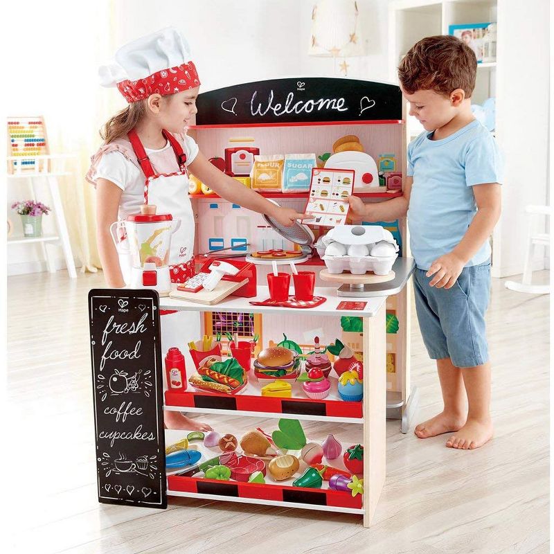 Hape Pop Up Grocery Shop Pretend Play Set Bundle with My Coffee Machine Kids Wooden Pretend Kitchen Coffee Maker with Accessories, Ages 3 and Up