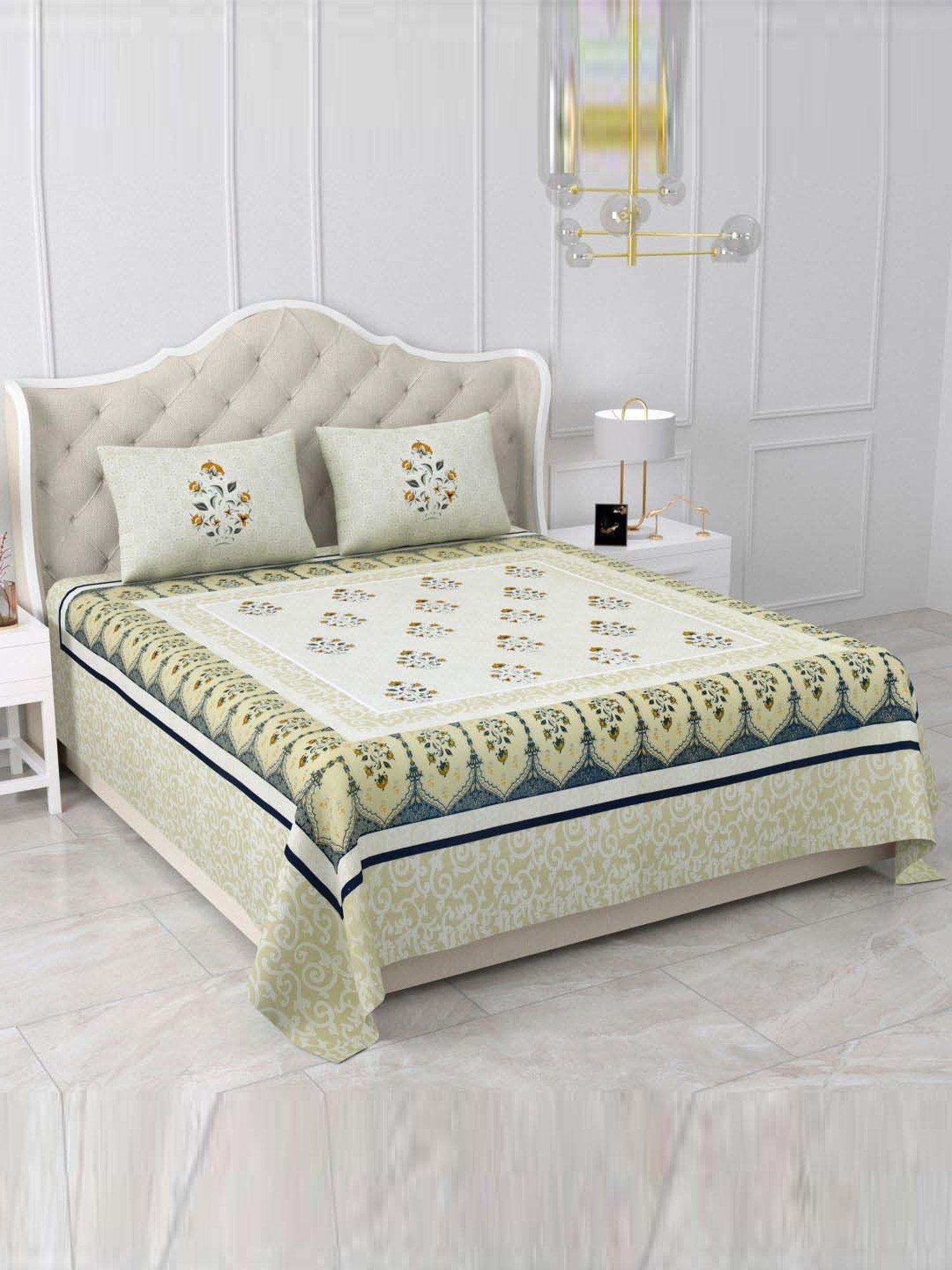 BELLA CASA Gulmohar Collection Yellow Cotton 450 TC King Bedsheet with 2 Pillow Covers