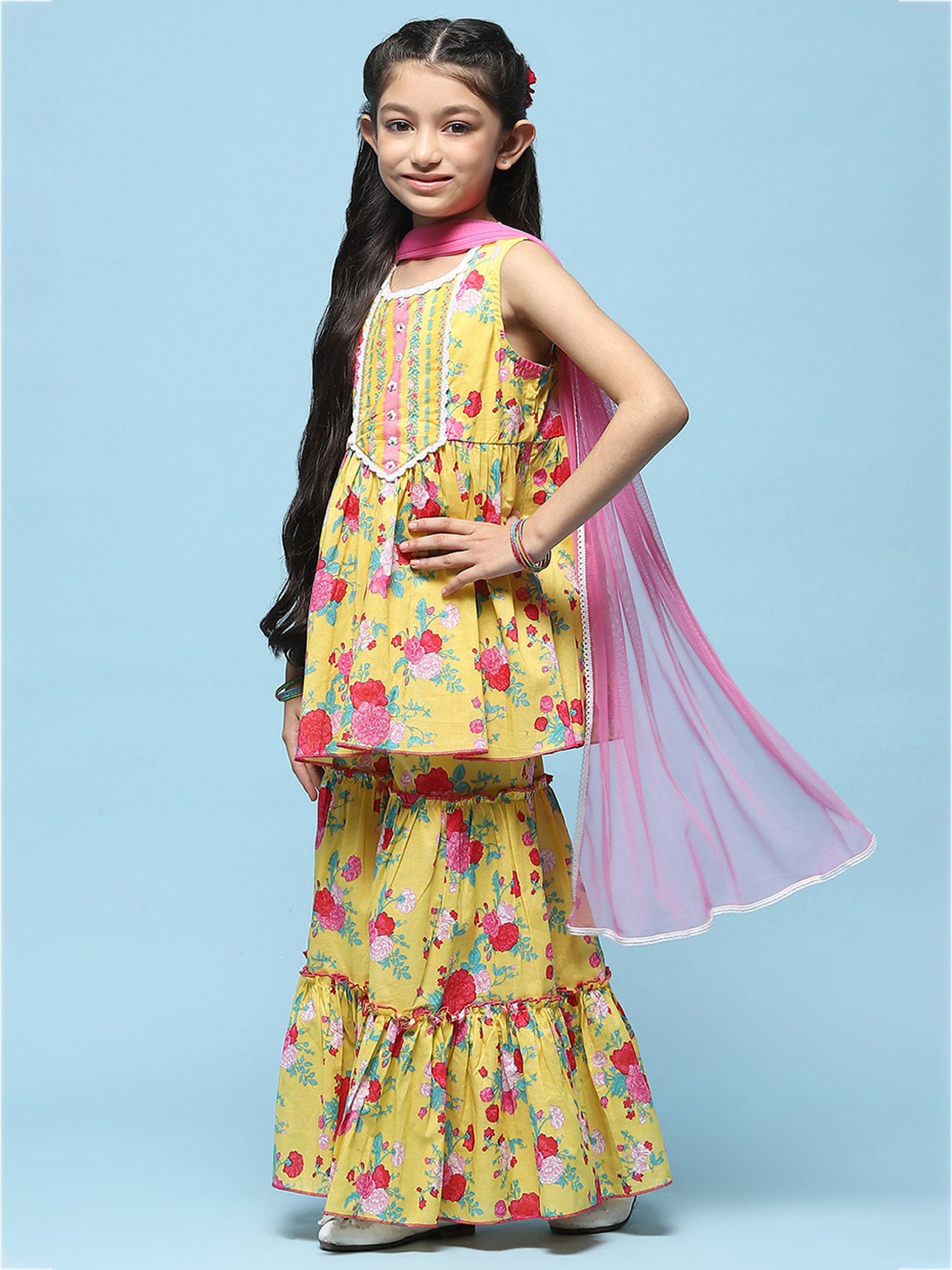 BIBA Girls Yellow & Pink Printed Kurta, Sharara with Dupatta
