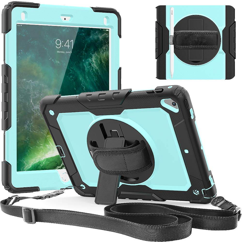 IPad 5th/6th Generation Case,Shockproof, Drop proof, 360 Degree Rotation Kickstand, Hand Strap,Shoulder Strip to Hang in Car Seat.Built-in Screen Protector for New iPad 9.7 2018/2017 Case