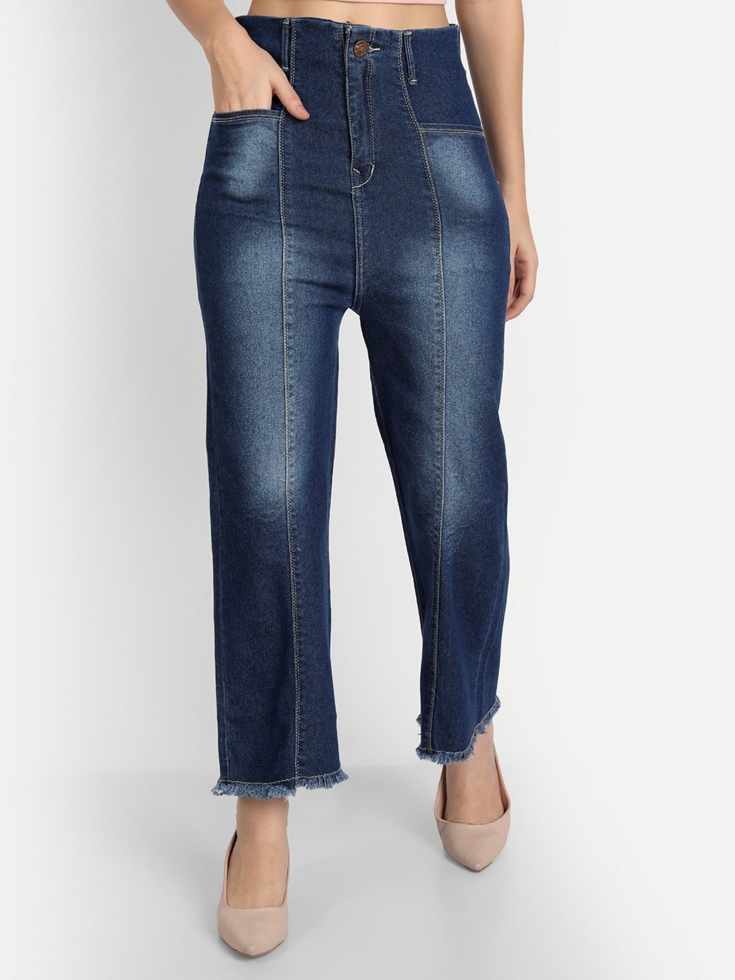 Angelfab Dark Blue Cotton Relaxed Fit High Rise Jeans