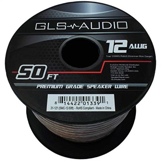 GLS Audio Premium 12 Gauge 50 Feet Speaker Wire - True 12AWG Speaker Cable 50ft Clear Jacket - High Quality 50' Spool Roll 12G 12/2 Bulk