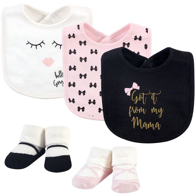 Little Treasure Baby Girl Cotton Bib and Sock Set 5pk, Mama, One Size