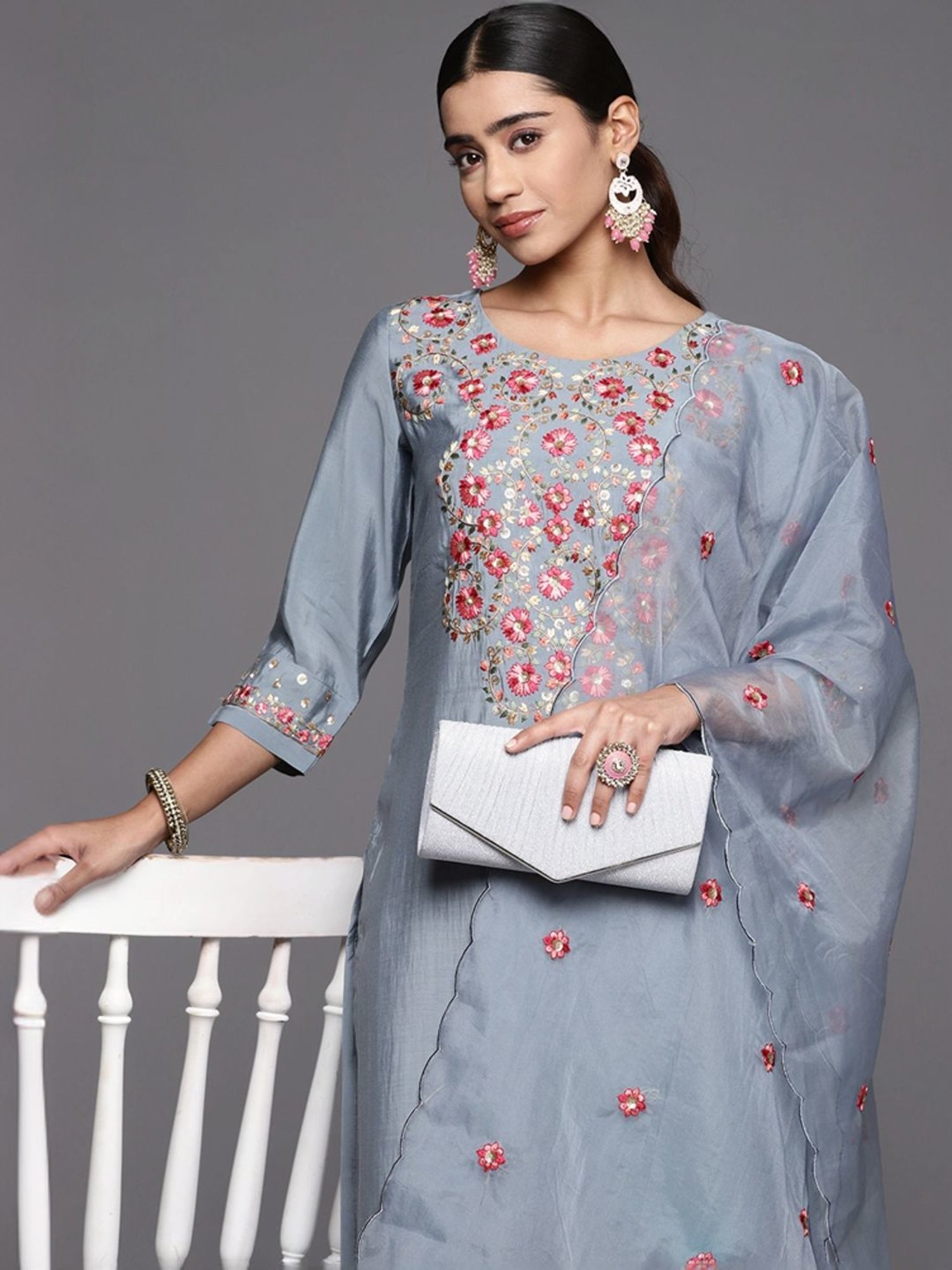Varanga Grey Embroidered Kurta Pant Set With Dupatta